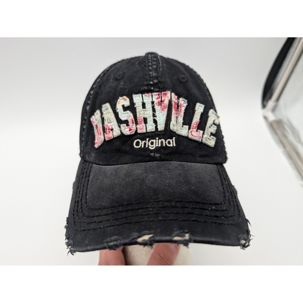 Robin Ruth Nashville Original Distressed Black Cotton Baseball Cap Hat Floral